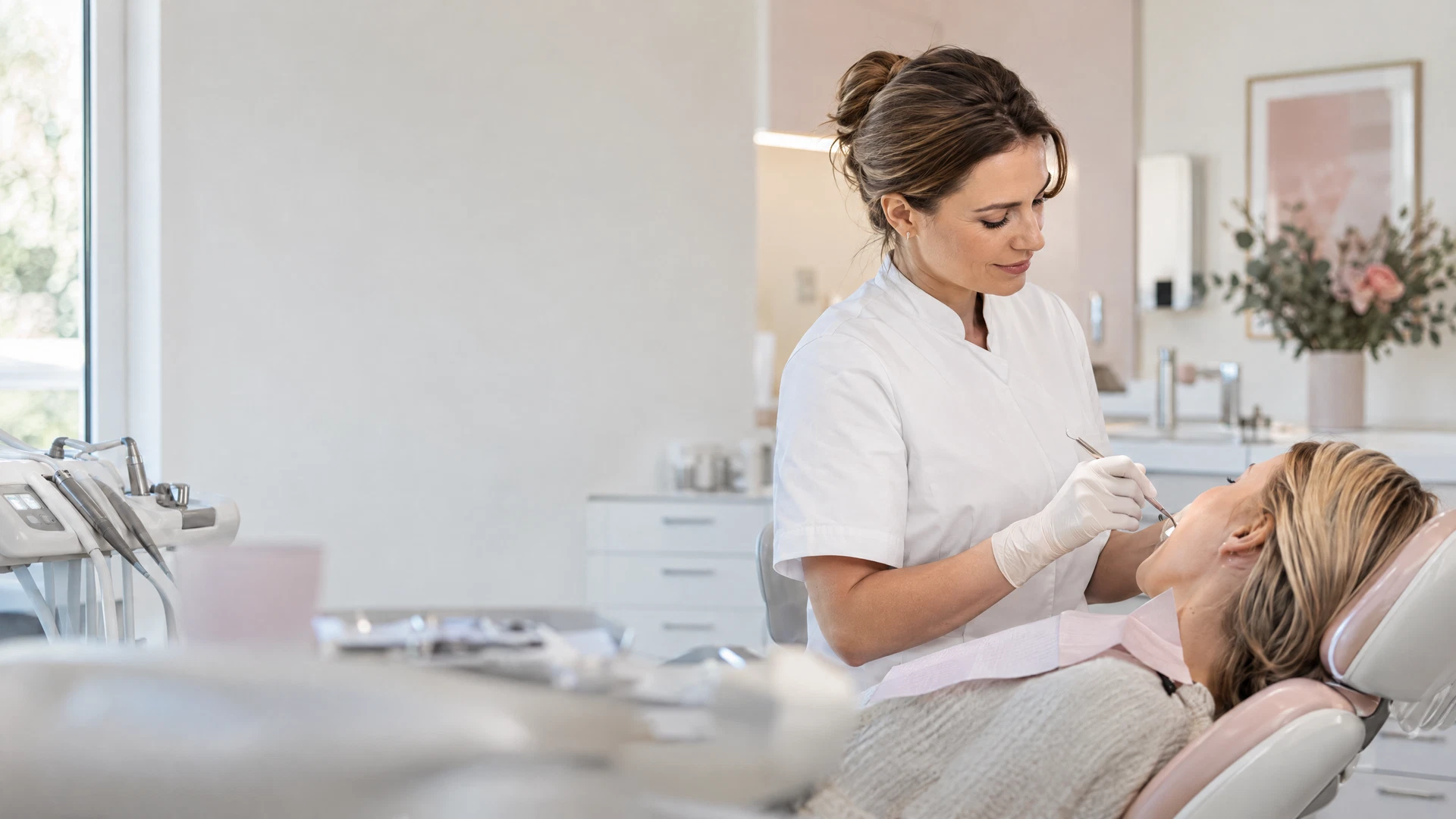 Dentálhigiénikus kíméletes kezelés közben modern KN Clinic környezetben